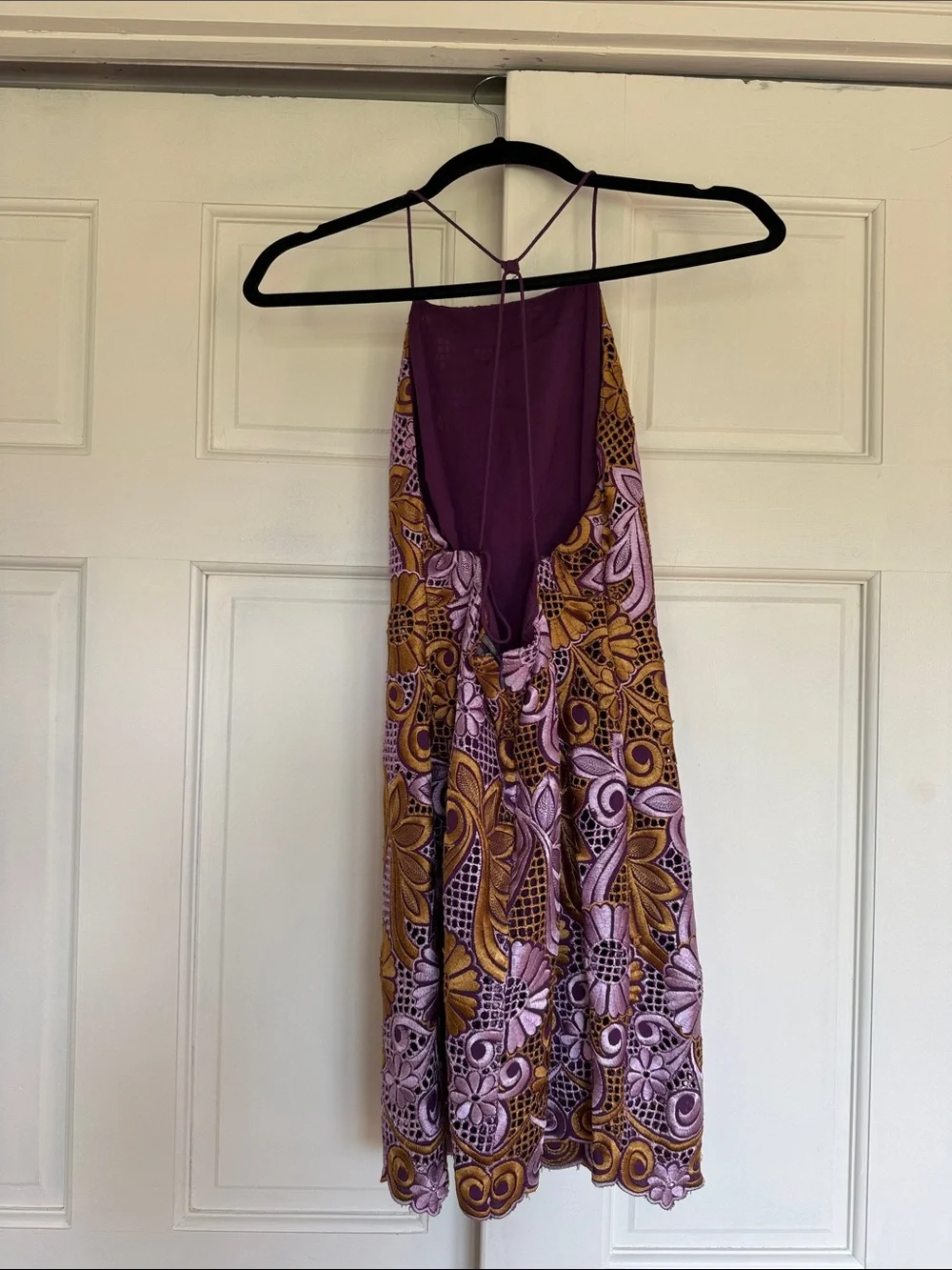 Anthropologie Purple and Mustard Embroidered Lace Halter Dress - Picture 8 of 9